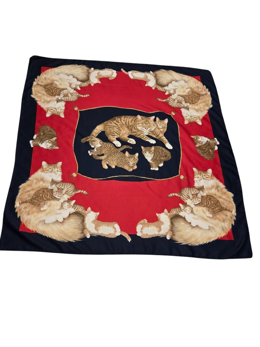 Vintage Cat Kitten Print Navy Red Square Scarf